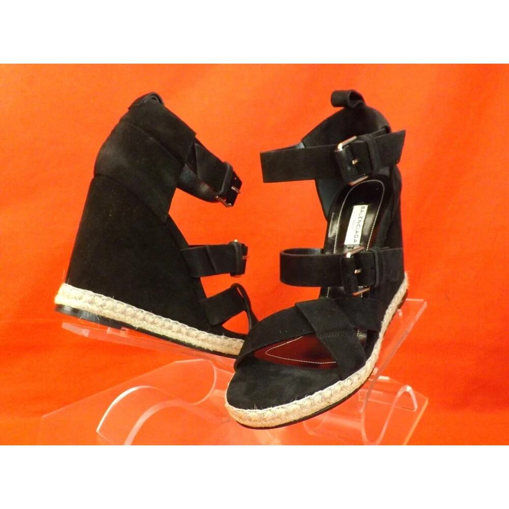 NIB BALENCIAGA BLACK SUEDE BUCKLE ANKLE STRAP ESPADRILLE WEDGE SANDALS 41 $620 - Picture 6 of 10